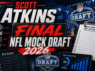 Scott Atkins Final NFL Mock Draft 2026 graphic featuring first round projections, rankings and draft analysis